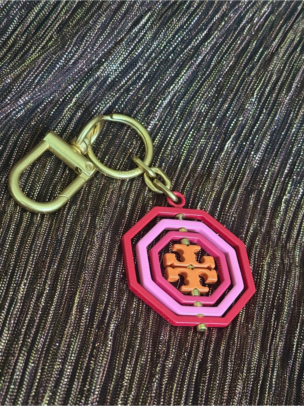 Tory Burch Octagonal Pink & Red Keychain Charm with Orange Accent